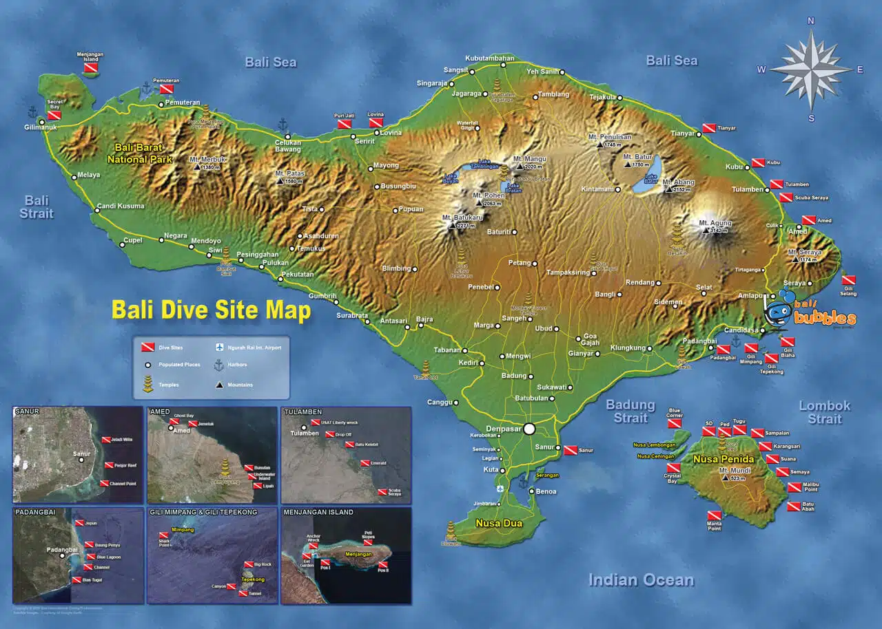 Map with the best diving in Bali